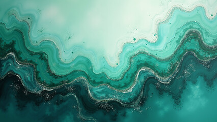 An abstract image resembling layers of striated green mineral deposits. The fluid, wavy lines in varying shades of emerald and teal evoke a natural stone cross-section or geological strata.