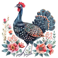 Guineafowl and Floral Hand-drawn Watercolor Illustration