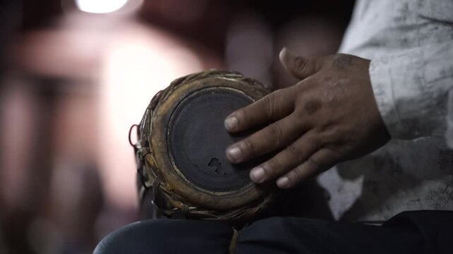 Nepali Instrument Madal Playing Hands in Nepal, Very closeup Footage
