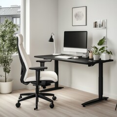 A modern workspace featuring a desk, ergonomic chair, computer, and indoor plants.