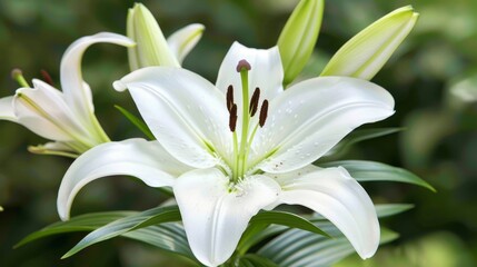 Fototapeta premium Elegant White Lily Flower in Full Bloom, Close-Up, Set Against a Lush Green Background.