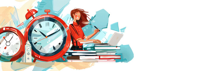 A student focused on her studies at a desk cluttered with books while typing on a laptop, accompanied by clocks marking the time