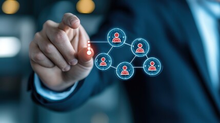 businessman connects digital network icons, symbolizing connectivity, collaboration, and digital transformation in modern business.