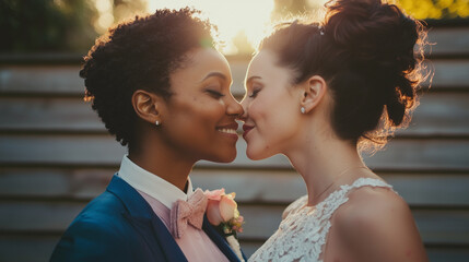 Beautiful candid style wedding portrait photo of a biracial gay lesbian couple looking joyful, rainbow elements, LGBTQ, pride, landscape format 16:9