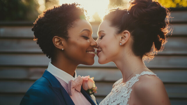 Beautiful candid style wedding portrait photo of a biracial gay lesbian couple looking joyful, rainbow elements, LGBTQ, pride, landscape format 16:9
