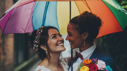 Beautiful candid style wedding portrait photo of a biracial gay lesbian couple looking joyful, rainbow elements, LGBTQ, pride, landscape format 16:9