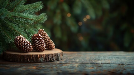 Rustic Christmas Background with Wooden Table, Fir Cones, and Copy Space for Personalized Seasonal Announcements or Holiday Greetings
