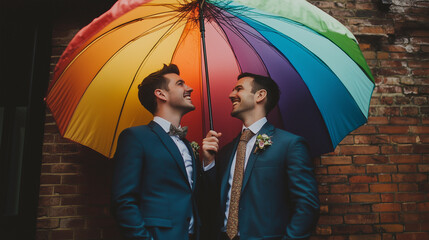 A joyful contemporary wedding portrait of a gay couple outside under rainbow umbrellas, wide landscape format 16:9