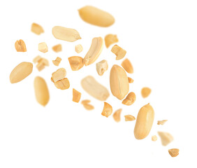 Peeled Peanuts levitating in air Isolated.  Falling crushed peanuts on white. Peanut explosion.  Package design element .