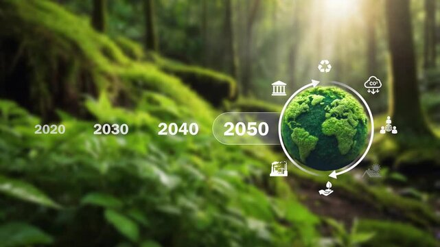 Net zero 2050 , carbon neutral concept. Net zero greenhouse gas emissions target 2050. Climate neutral long term strategy 2050 with net zero polygonal icons on closeup green young plant....