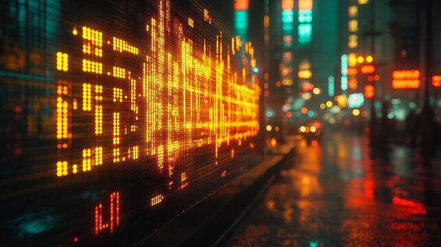 A neon sign with a large orange grid is lit up in a city street. The bright colors and patterns create a sense of energy and excitement, reflecting the fast-paced nature of urban life