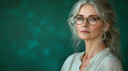 Fototapeta premium A woman with glasses and long hair is standing in front of a green background. She has a serious expression on her face