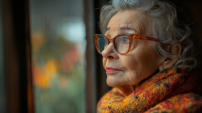 A woman with glasses and a scarf is looking out the window. She is looking at something outside, but it is not clear what it is. Concept of loneliness or contemplation - Powered by Adobe