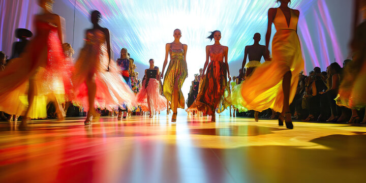 Frenetic Fashion Show: models dash down the runway, twirling and posing in their dazzling attire, as the audience gasps in awe.