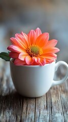 vibrant orange dahlia in white ceramic cup
