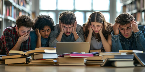 Stressed-Out Student: a study group huddled around books and laptops, desperately trying to cram for an exam, their stress etched on their faces.