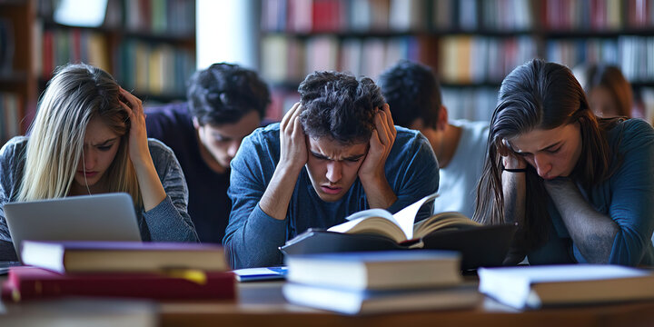 Stressed-Out Student: a study group huddled around books and laptops, desperately trying to cram for an exam, their stress etched on their faces.