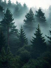 Mystic foggy dark green pine tree forest, landscape background