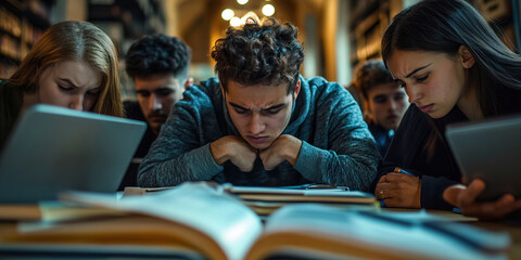 Stressed-Out Student: a study group huddled around books and laptops, desperately trying to cram for an exam, their stress etched on their faces.