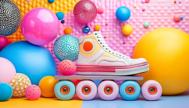 A retro-inspired collage with elements from the 70s, including disco balls, roller skates, and funky patterns