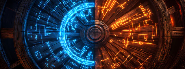 Fototapeta premium Wooden Wagon Wheel Transitioning into Digital Form