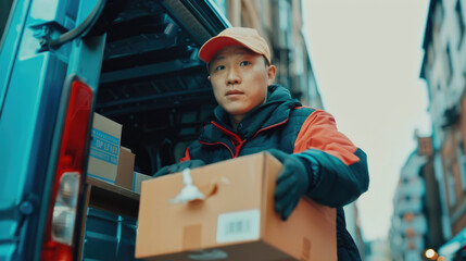 A delivery worker carefully lifts a cardboard box from a blue van in a busy urban environment, preparing for a drop-off