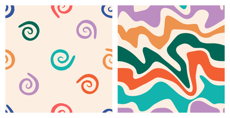 Naive playful seamless pattern set with doodle Helix and Wavy Swirl. Contemporary colourful trendy backgrounds for kids. Trendy boho style on a beige background.