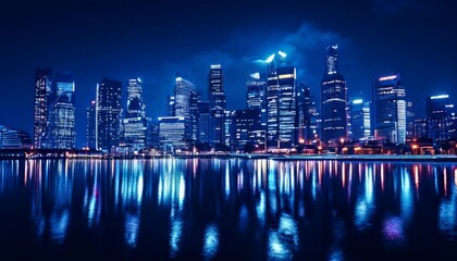 Obraz premium A stunning night view of a modern city skyline with skyscrapers illuminated in blue tones, reflecting beautifully in the calm waters below. The scene exudes a sense of urban sophistication and