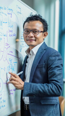 A man is writing on a whiteboard while explaining concepts to an engaged audience in a contemporary educational environment