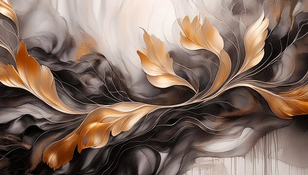 Sfondo astratto. Foglie dorate. Carta da parati, decorazione murale