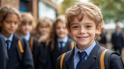 A group of children are smiling and wearing school uniforms. One boy is wearing a tie. Scene is happy and cheerful