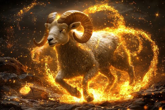 Fiery ram charging through glowing energy field