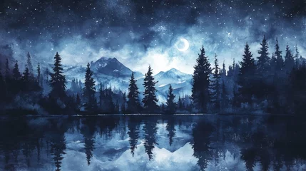Tableau sur plexiglas Forêt brumeuse A tranquil lake reflecting the starry night sky and moonlit mountains.  © marfuah