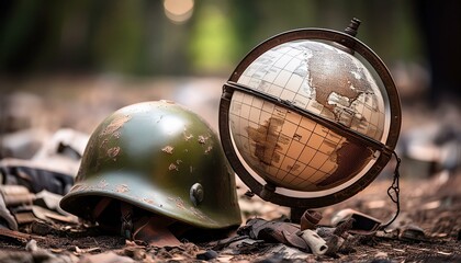 Historic Globe in Disrepair: Rusted Fragments and Military Relics Amongst the Debris"