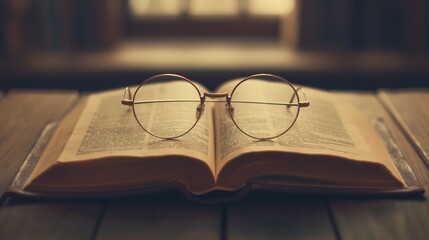 Dark academia eyeglasses on book.