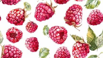 Realistic seamless pattern of ripe raspberries with water droplets isolated on white. Ideal for fresh, juicy, and summer-themed designs.