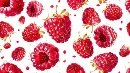 Realistic seamless pattern of ripe raspberries with water droplets isolated on white. Ideal for fresh, juicy, and summer-themed designs.