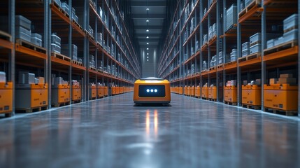 Fototapeta premium Autonomous AI-managed warehouses optimizing logistics and storage: A high-tech warehouse where AI controls all aspects of storage, sorting, and shipping.