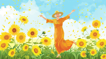 Fototapeta premium A woman wearing an orange dress joyfully dances among tall sunflowers under a bright blue sky, radiating happiness and warmth