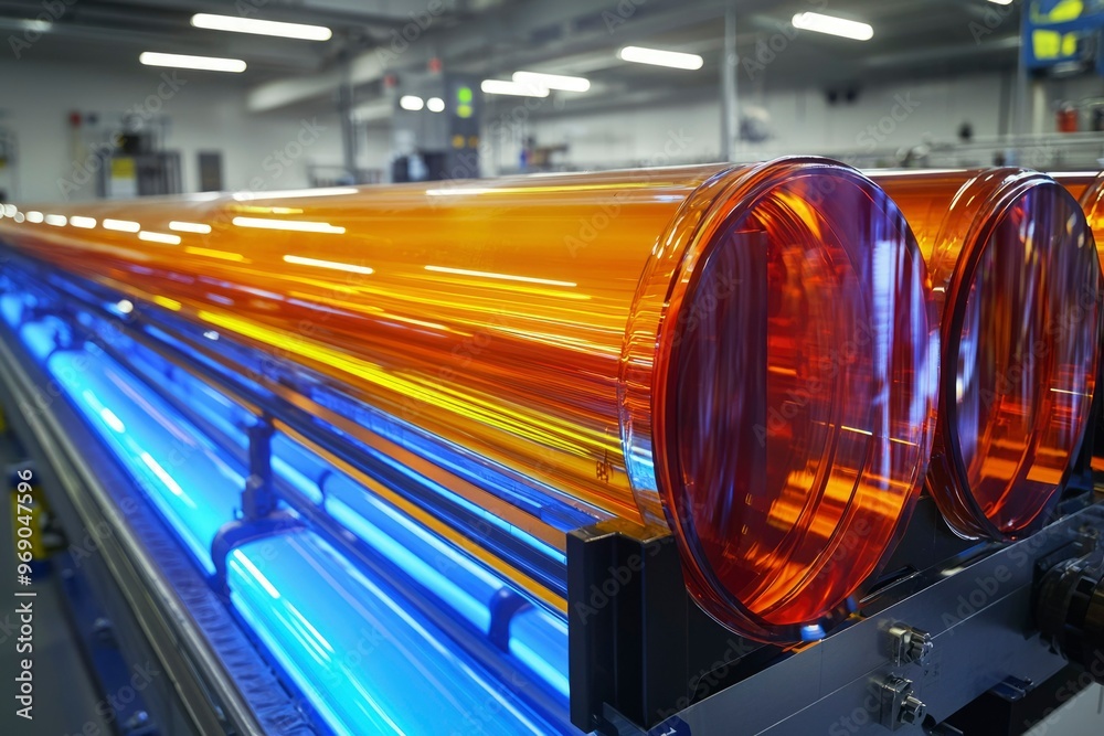 Wall mural closeup of a row of orange glass tubes in a factory setting