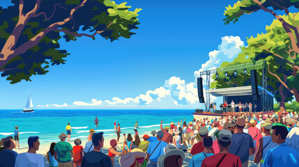 A lively crowd gathers at a beach festival, listening to music while enjoying the sun and ocean breeze on a beautiful day