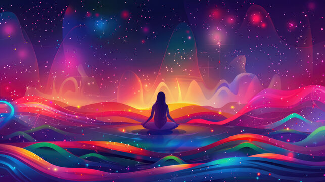 A person sits in meditation amidst swirling colorful waves under a starry sky, creating a tranquil, cosmic atmosphere at dusk