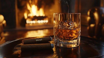 Whiskey and Cigars by the Fireplace