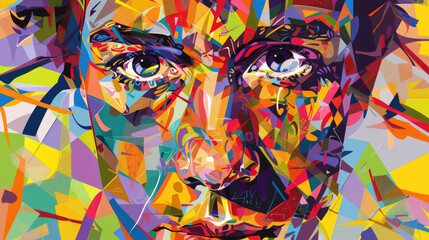 An abstract portrait features bold colors and intricate patterns, capturing the essence of emotion and artistic expression vividly