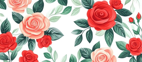 Beautiful bouquet of roses and green leaves against a white background hand drawn in a creative flat design style Decorative floral pattern ideal for wallpaper and Valentine s Day themes