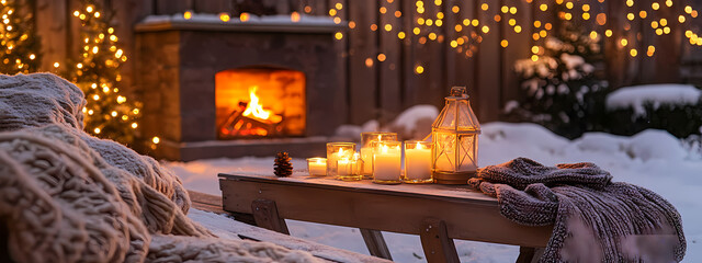 Snowy Patio with Cozy Fireplace