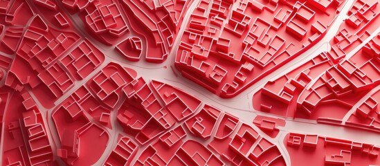 Stylized street map design featuring white lines on a vibrant red background Bird s eye view in a 3D render showcasing intricate urban layout