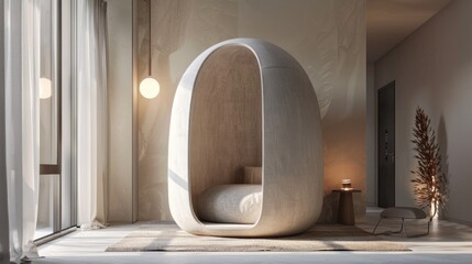 Minimalist home sound absorbing meditation pod with biofeedback sensors