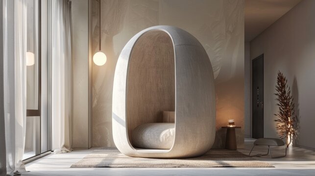 Minimalist home sound absorbing meditation pod with biofeedback sensors