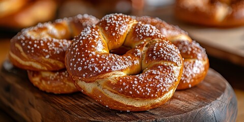 Freshly Baked Pretzels with Coarse Salt on Wooden Board